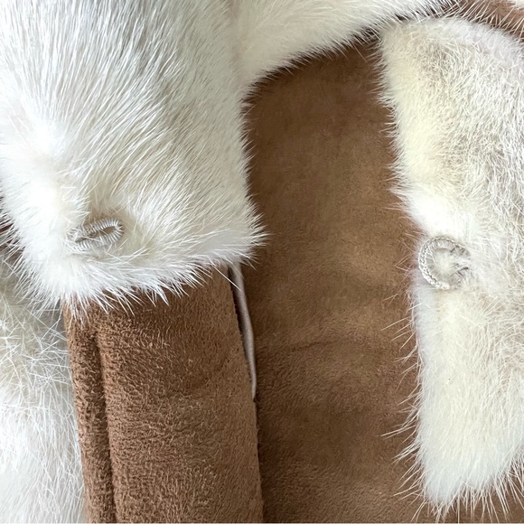 Genuine Geometric Cream w Light Gray Mink Tan Faux Suede Mid Jacket Coat Sz XS-M - Picture 12 of 15